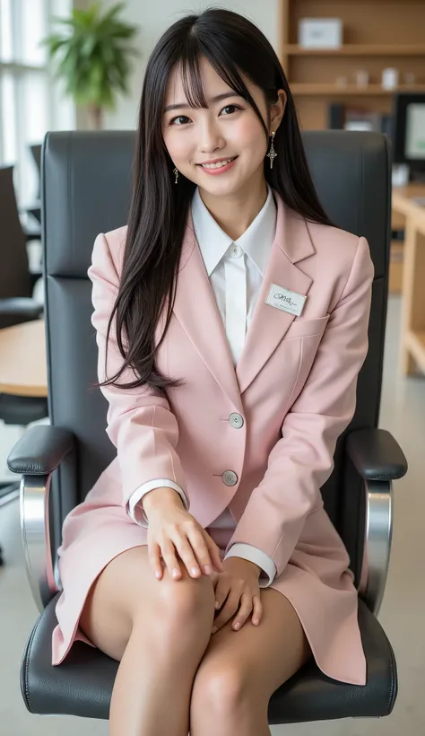 (full body image:1.5), (Beautiful leg line from thighs to high heels:1.5), (From the top of her head to the tips of her feet :1.5), Sleek long black hair , Professional Office Lady with Long Dark Hair, is sitting in a chair with her legs crossed, The heig...