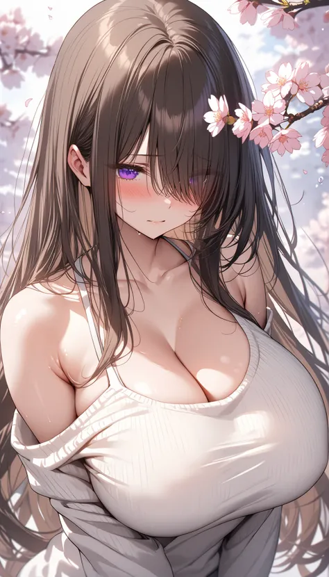 (masterpiece, Highest quality:1.2), (1girl), alone, ((long hair)), bangs ,((dark brown hair)), (straight hair), ((hair over face)), (hair over one eye), (hair over right eye), high detail, bloom, ((detailed face)), (beautiful effects), (((white Sweater Lo...