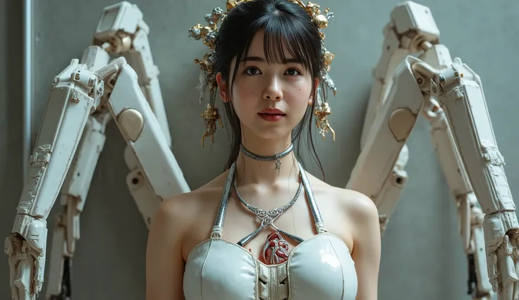 cyberpunk cyborg woman, doll with electronic system mounted on the head, Cyborg spider woman, clearly detailed mechanical brain can be seen, detailed heart can be seen, muscular cable wire, Biopunk, cybernetic, cyberpunk, giant marble-like armored chest pa...
