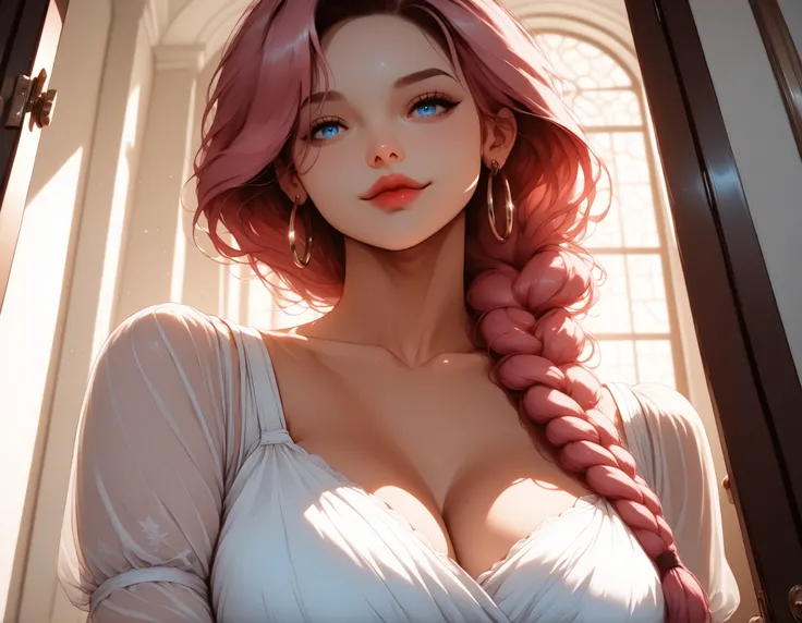 (masterpiece:1.2), (best quality:1.2), ultra detailed, 8k, watercolor, cinematic lighting, volumetric_lighting, rim light, soft shadows, ((forced_perspective)), (Diminishing scale perspective:1.3), (solo, solo_focus, upper_body) BREAK (1girl, (pink_hair:1....
