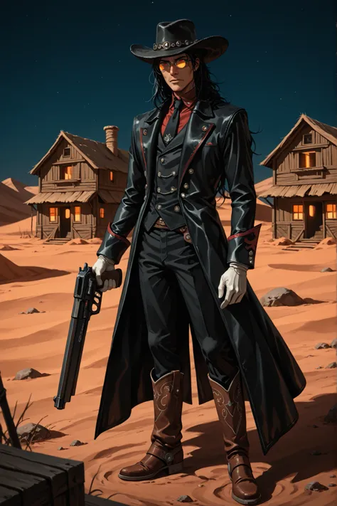 Alucard, 1 boy, solo, black hair, long hair, red eyes, black overcoat, red shirt, black tie, black jacket, white gloves, black pants, cowboy boots, glasses, orange glasses, round glasses, cowboy hat, old west, desert, wooden houses, night, gun, holding gun