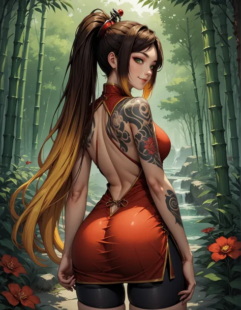 score_9, score_8_up, score_7_up, source_anime, 1girl, solo, Mei, MeiRH, chinese dress, blunt bangs, 1woman, Very long brown hair, ponytail, brown hair, gradient hair, multicolored hair, yellow hair, high hair bun, green eyes, pale skin, medium breasts, ful...