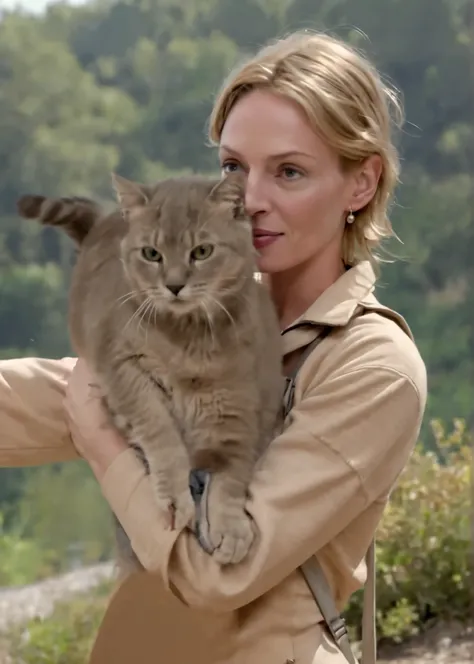 cinematic film still a (full height photograph:1.2) of ((ohwx woman)) ,hiking suit, arms outstretched, holding a gray cat , big cat,(gray cat), a gray cat in his arms,long sweater, pants, upper body ,realism