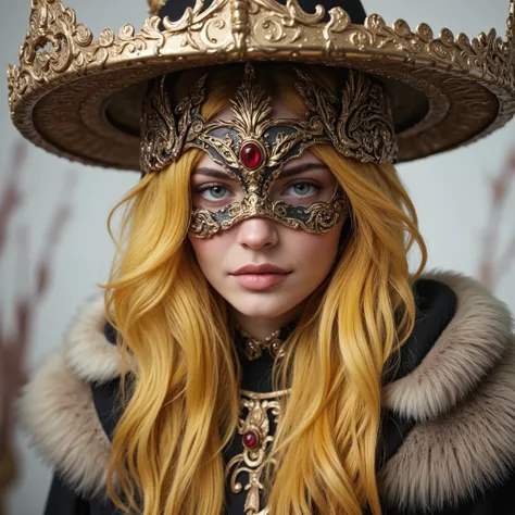 Young woman with yellow hair in a fluffy outfit and a fluffy hat, fantasy character art, Amazing character art, epic fantasy character art, hd fantasy art, an epic exquisite artistic depiction of the character, dressed in an intricate mask around her face,...