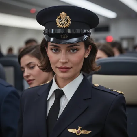 Best quality,(RAW photo:1.2),(masterpiece:1.4),(photorealistic:1.4),(High resolution:1.4), 1girl, depth of field,  flight attendant, garment is carefully designed,8 k, extremely detailed, perfect lighting, epic background