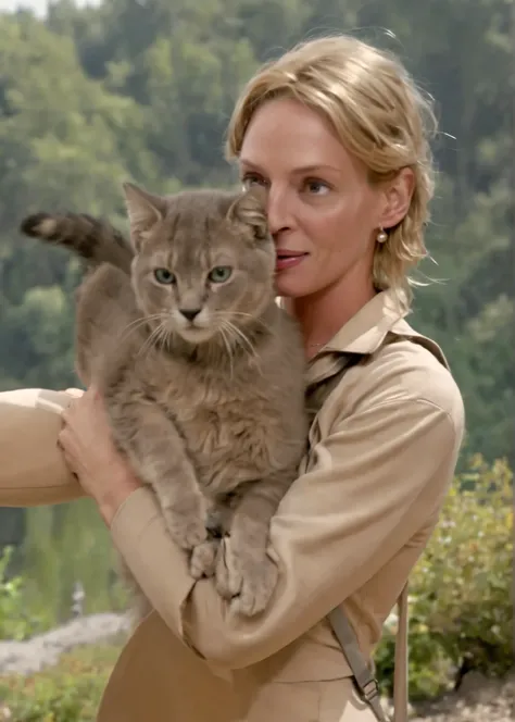 cinematic film still a (full height photograph:1.2) of ((ohwx woman)) ,hiking suit, arms outstretched, holding a gray cat , big cat,(gray cat), a gray cat in his arms,long sweater, pants, upper body ,realism