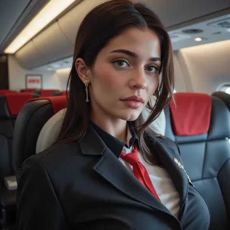 Best quality,(RAW photo:1.2),(masterpiece:1.4),(photorealistic:1.4),(High resolution:1.4), 1girl, depth of field,  flight attendant, garment is carefully designed,8 k, extremely detailed, perfect lighting, epic background