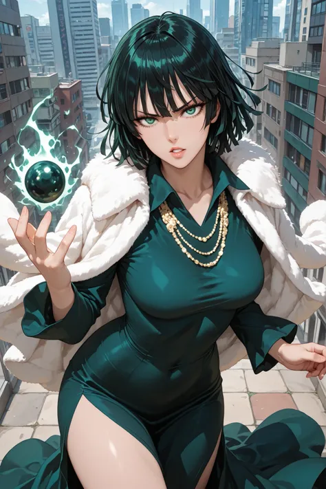1 girl, fubuki (one-punch man), telekinesis, fur coat, thighs, jewelry, lips, parted lips, short hair, tight dress, dress, black hair, necklace, green eyes, green dress, outdoors, in the city, apartments, floating, sneer, looking at viewer, dynamic pose, b...