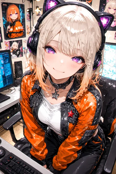 anime-style VTuber, soft platinum blonde hair with pale yellow gradient, smooth and flowing texture, subtle highlights, slightly messy strands, pink inner ears, soft fur texture, slight tilt of head, vivid purple eyes with small sparkles, slightly playful ...
