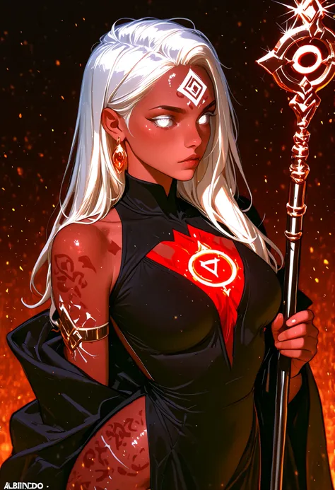 1 girl,Witch of the Dark,albinism,bestido negro,matt black metal cane,shimmering orange pendant and earrings,white eyes,,white hair,turtleneck,dress covers her whole body,Rhombus symbol tattooed on the forehead
