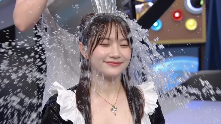 On the set of a TV gameshow that is elaborately decorated with lots of set dressing and brightly lit with lots of coloured lights, a beautiful 18-year-old Japanese girl wearing a maid outfit and jewellery has a bucket of water poured over her head by the s...