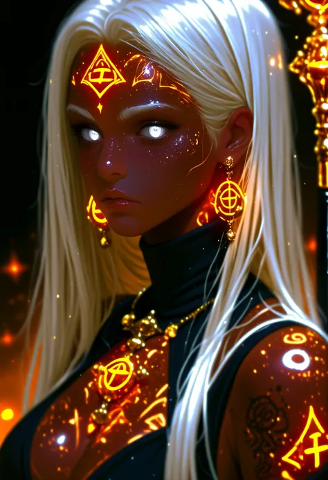 depth of field, high definition image, a lot of details,1 girl,Witch of the Dark,albinism,bestido negro,matt black metal cane,shimmering orange pendant and earrings,white eyes,,white hair,turtleneck,dress covers her whole body,Rhombus symbol tattooed on th...