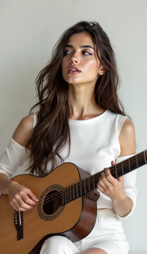 static shot, a pretty girl is singing and playing guitar and eyes opening