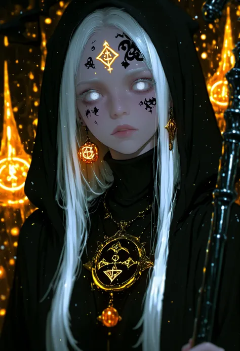 depth of field, high definition image, a lot of details,1 girl,Witch of the Dark,albinism,bestido negro,matt black metal cane,shimmering orange pendant and earrings,white eyes,,white hair,turtleneck,dress covers her whole body,Rhombus symbol tattooed on th...