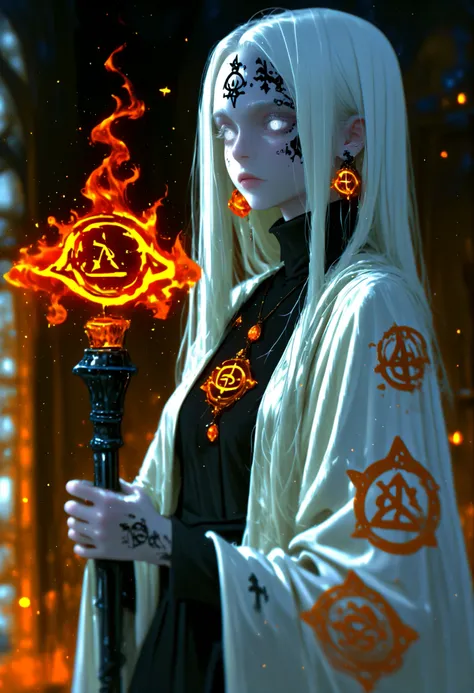 depth of field, high definition image, a lot of details,1 girl,Witch of the Dark,albinism,bestido negro,matt black metal cane,shimmering orange pendant and earrings,white eyes,,white hair,turtleneck,dress covers her whole body,Rhombus symbol tattooed on th...