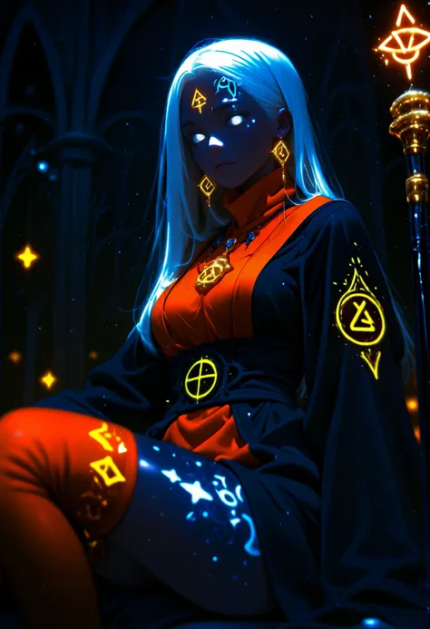 depth of field, high definition image, a lot of details,1 girl,Witch of the Dark,albinism,bestido negro,matt black metal cane,shimmering orange pendant and earrings,white eyes,,white hair,turtleneck,dress covers her whole body,Rhombus symbol tattooed on th...