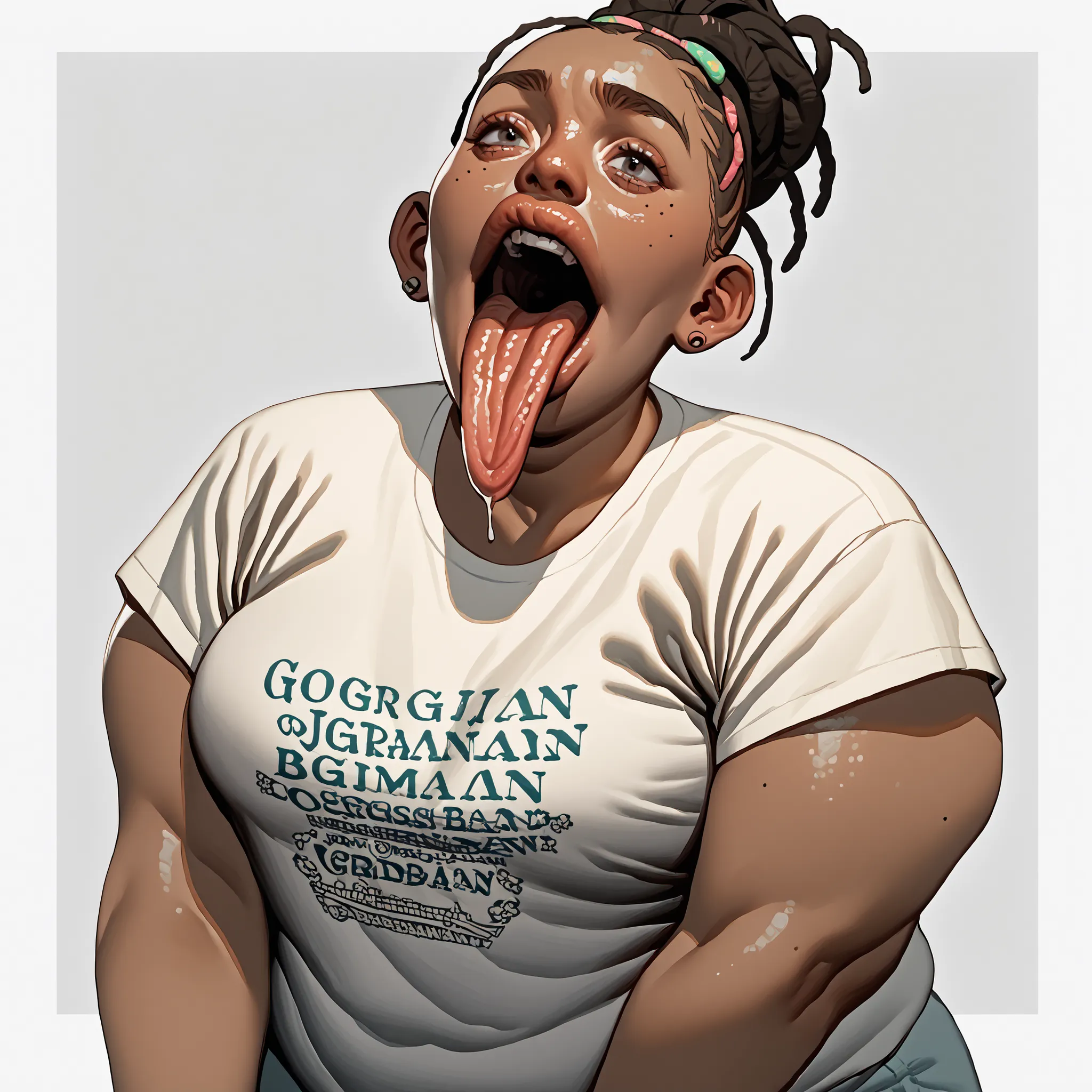 score_9, score_8_up, score_7_up, gorgous dark skin Jamaican bbw female in a band t-shirt, mouth open tongue out.