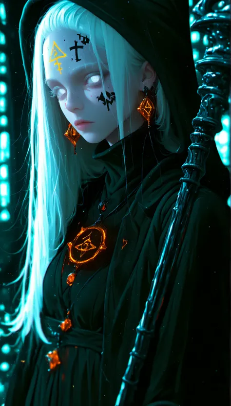 depth of field, high definition image, a lot of details,1 girl,Witch of the Dark,albinism,bestido negro,matt black metal cane,shimmering orange pendant and earrings,white eyes,,white hair,turtleneck,dress covers her whole body,Rhombus symbol tattooed on th...