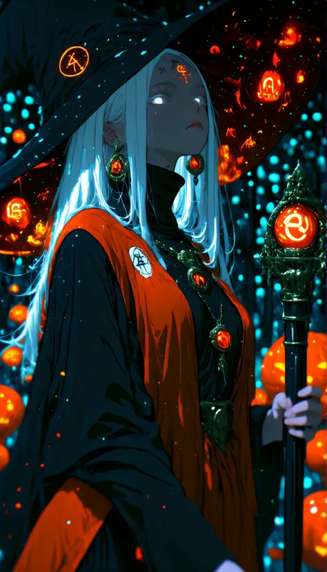 depth of field, high definition image, a lot of details,1 girl,Witch of the Dark,albinism,bestido negro,matt black metal cane,shimmering orange pendant and earrings,white eyes,,white hair,turtleneck,dress covers her whole body,Rhombus symbol tattooed on th...