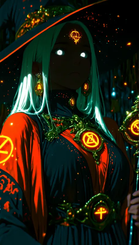 depth of field, high definition image, a lot of details,1 girl,Witch of the Dark,albinism,bestido negro,matt black metal cane,shimmering orange pendant and earrings,white eyes,,white hair,turtleneck,dress covers her whole body,Rhombus symbol tattooed on th...
