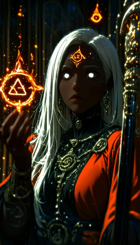 depth of field, high definition image, a lot of details,1 girl,Witch of the Dark,albinism,bestido negro,matt black metal cane,shimmering orange pendant and earrings,white eyes,,white hair,turtleneck,dress covers her whole body,Rhombus symbol tattooed on th...