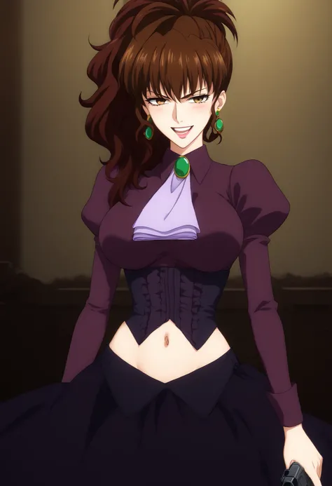 score_9, score_8_up, score_7_up, source_anime, holding weapon, holding gun, handgun, ,, solo, 1girl, ushiromiya natsuhi, serious, ponytail, purple dress, brooch, ascot, corset, juliet sleeves, , ear piercing, long hair, blush, lipstick,Hot girl, baddie, sm...