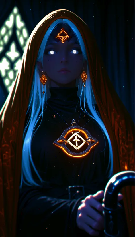 depth of field, high definition image, a lot of details,1 girl,Witch of the Dark,albinism,bestido negro,matt black metal cane,shimmering orange pendant and earrings,white eyes,,white hair,turtleneck,dress covers her whole body,Rhombus symbol tattooed on th...