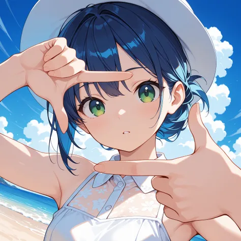 (Finger Frame), masterpiece, best quality, super detailed, 1 masterpiece, best quality, good quality, very awa, newest, highres, abstract, limited palette, 1girl,summer dress,white hat,blue hair,portrait, blue sky,cloud,sea,beach,wind, focus stacking ,(sho...