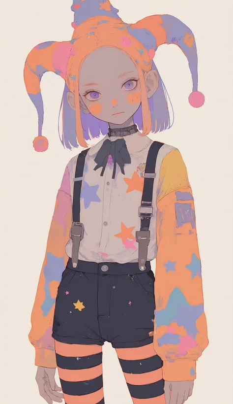 is wearing a hat like Jester。The image has similar stripes, has a warm and dynamic color scheme. The costume features black and orange stripes and has stars、long striped leggings(One is black and white) , the other one is black and orange. that person is p...