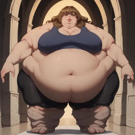 tsuya, 1girl, long hair, solo, brown hair, brown eyes, troll, monster, giant, size difference, giant hands, giant feet, fat, chubby, obese, gigantic arms and legs, gigantic breasts, sagging breasts, full body shot, fat face, chubby face, double chins, big ...
