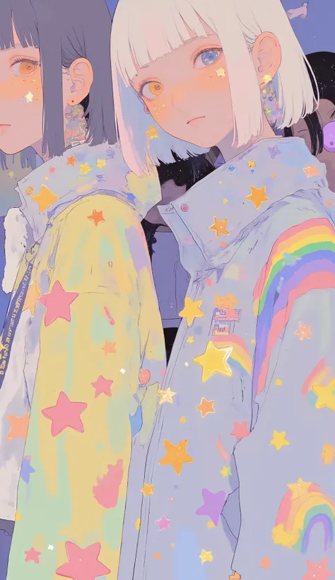 colorful illustrations depicting people wearing shiny silver jackets with rainbow and star motifs. jacket has a high collar、bright stripes and red stars, Yellow, green, green, pink. The image is、Using bright colors and whimsical design elements、conveys a p...