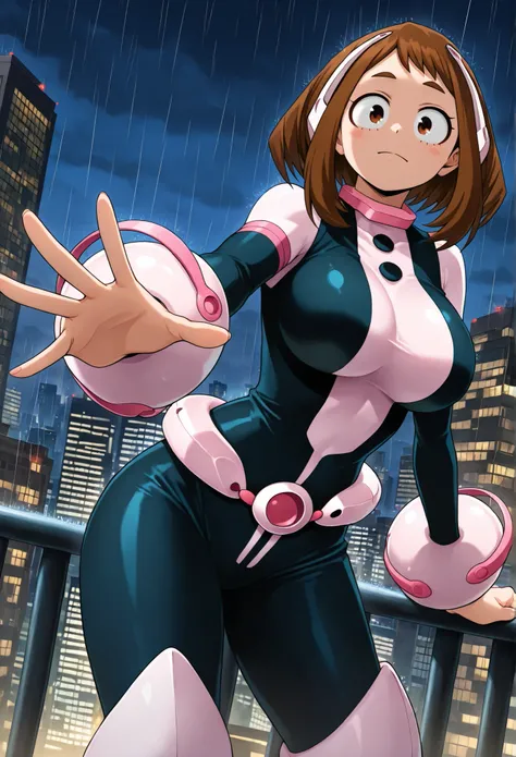 official style, anime screencap, uraraka ochako, 1girl, brown hair, brown eyes, solo, superhero, hero bodysuit, pink wrist guards, closed mouth, contrapposto, extra large breasts, (F65), looking at viewer, Sexy style, Standing on the roof of a skyscraper, ...