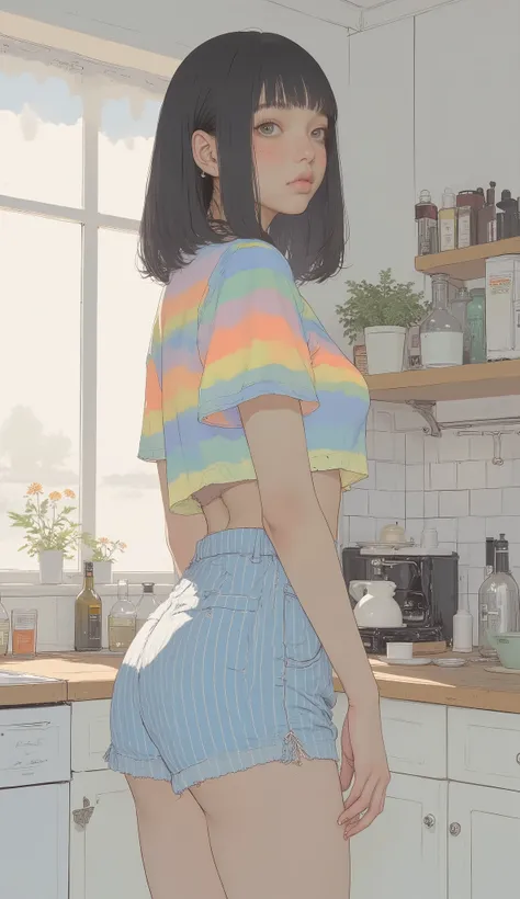 A short, straight-haired young woman wearing a colorful rainbow-striped crop top and light blue striped shorts, very big breasts、Standing in a bright kitchen , The natural, soft, diffuse light from the window creates a soft atmosphere, Relaxed standing po...