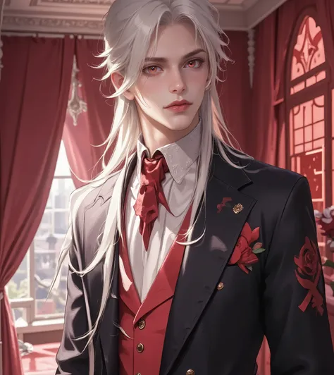 (A Attractive Young Man) (A Attrative French Young Man, realistic photo Retro) (realistic photo 2000) 1boy,male,tall,slim face, , muscular, blonde/silver hush very long hair half up and Half down which is tied with a crimson ribbon, fox eyes,scarlet eyes, ...