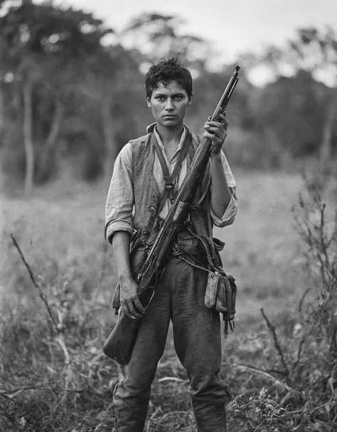 Hyper-realistic black and white portrait of a determined woman from the early 20th century, styled as a historical Brazilian cangaço fighter. She stands firmly in the wild terrain of the rural Brazilian sertão, surrounded by dry brush and sparse trees. She...