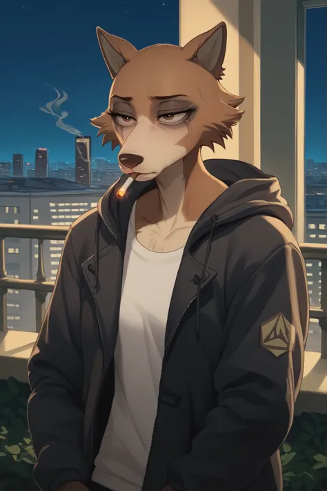 Balcony, Night, city, Anthropomorphic guy Wolf, brown fur, hooded jacket, smokes, cigarette, sadness, tired