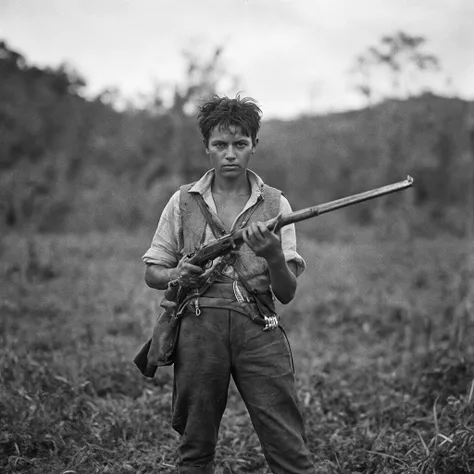 Hyper-realistic black and white portrait of a determined woman from the early 20th century, styled as a historical Brazilian cangaço fighter. She stands firmly in the wild terrain of the rural Brazilian sertão, surrounded by dry brush and sparse trees. Sh...