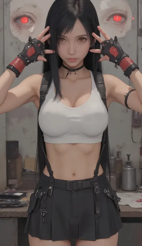 long straight hair, white sports bra, Black Pleated Miniskirt, Red and black fingerless gloves,  background with bags under eyes , red combat boots,very big breasts、Sexy pose with hands around the back of the head and hips twisted,emphasizes her chest、Indo...