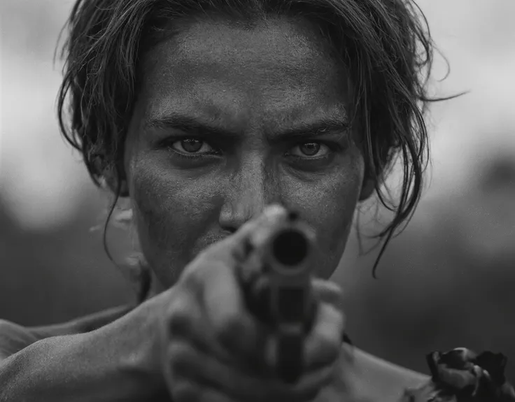Hyper-realistic black and white super close-up shot of a fierce woman styled as an early 20th-century Brazilian cangaço fighter. The camera is extremely close, capturing only her intense eyes, furrowed brows, dirt-smeared face, and the barrel of a lever-ac...
