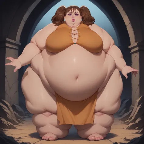 score_9, score_8_up, score_7_up, score_6_up, BREAK diane, 1girl, solo, brown hair,purple eyes, twintails, :o, parted lips, troll, monster, giant, size difference, giant hands, giant feet, fat, chubby, obese, gigantic arms and legs, gigantic breasts, saggin...