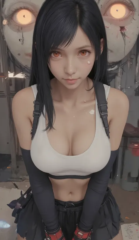 taken from above、Wide Angle Lens、twin tails, white sports bra, Black Pleated Miniskirt, Red and black fingerless gloves,  background with bags under eyes , red combat boots,very big breasts、Sexy pose pose where you cross your arms under your chest,emphasiz...