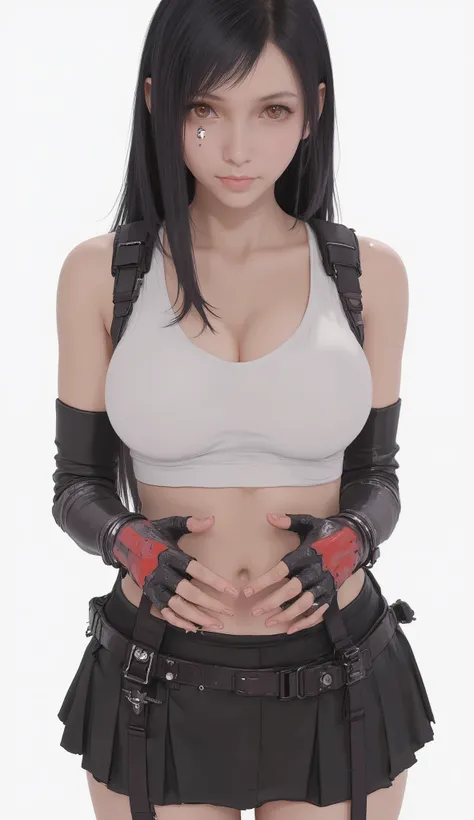 taken from above、Wide Angle Lens、long straight hair, white sports bra, Black Pleated Miniskirt, Red and black fingerless gloves,  background with bags under eyes , red combat boots,very big breasts、 pose putting hands on stomach ,emphasizes her chest、Indoo...