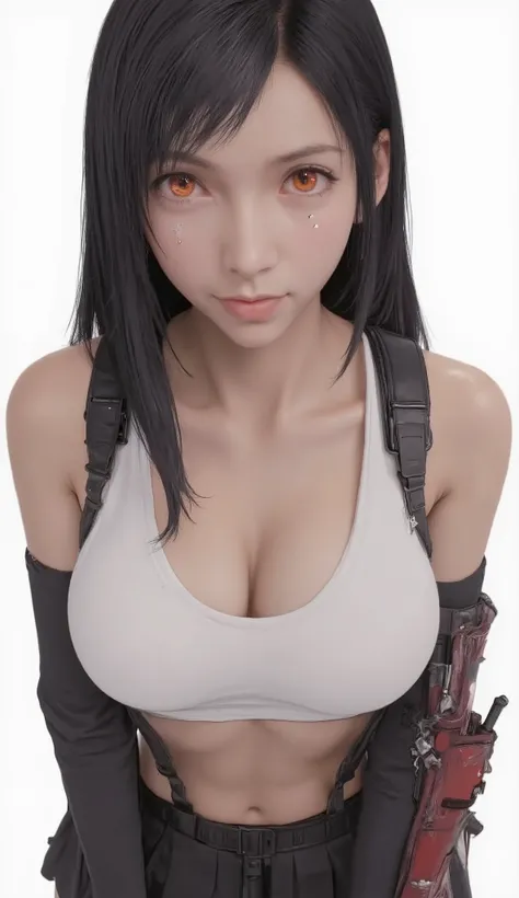 taken from above、fisheye lens、upper body zoom up、long straight hair, white sports bra, Black Pleated Miniskirt, Red and black fingerless gloves,  background with bags under eyes , red combat boots,very big breasts、arm-in-arm pose with fixed seed,emphasizes...
