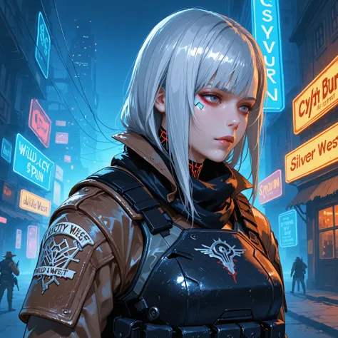 Wild West, A city spun by musical notes, Cyberpunk, silver hair, 1 Girl, Tactical wear