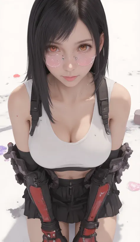 taken from above、fisheye lens、upper body zoom up、short hair, white sports bra, Black Pleated Miniskirt, Red and black fingerless gloves,  background with bags under eyes , red combat boots,very big breasts、arm-in-arm pose with fixed seed,emphasizes her che...