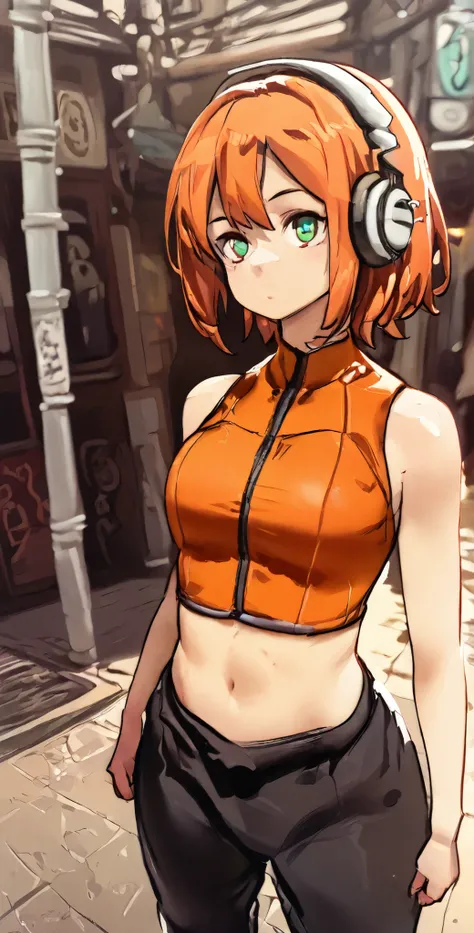 A character with orange hair, gree eyes,Orange crop top, black pants, headphones, street art details, HD, (ultra resolution)
