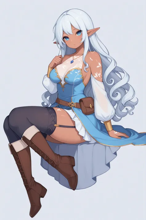 1girl, long hair, medium breasts, timidly looking at viewer, simple background, black thighhighs, long sleeves, white royal elf dress, skirt, dress skirt, bare shoulders, covered breasts, jewelry, pale blue eyes, collarbone, full body, white hair, boots, d...