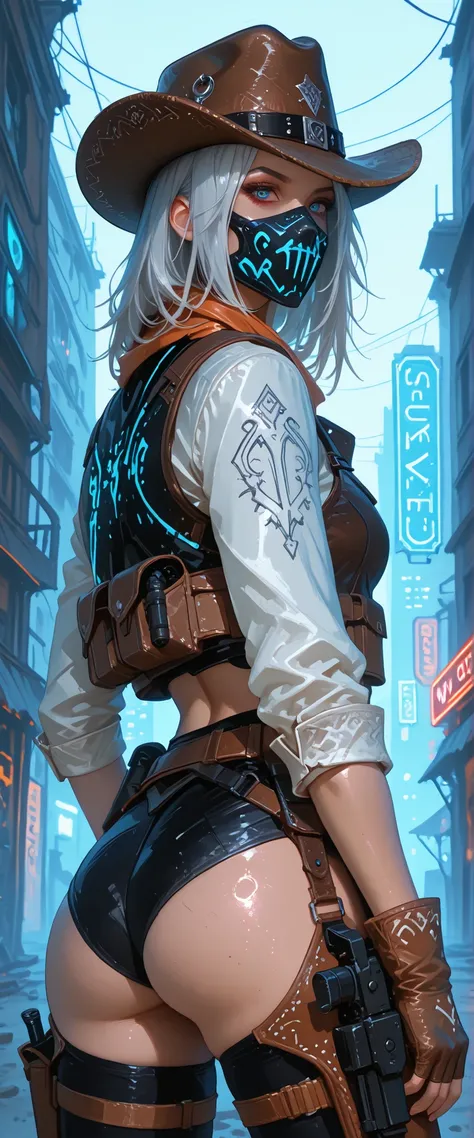 Wild West, A city spun by musical notes, Cyberpunk, silver hair, 1 Girl, Tactical wear, Cowboy Hat, Wearing Mask