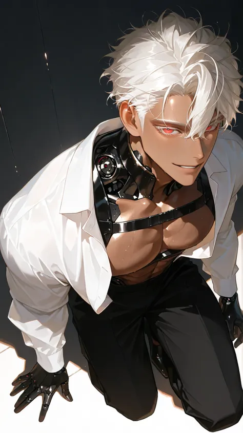 8k, 아름다운 Perfect Eyes, semi-realism art, masterpiece, Exquisite Details, very detailed, (brown skin, brown skin, 40 year old male , handsome, smiles, Messy Hair,hair between eyes, white blond hair,shaved nape hair,short hair,1 man, handsome man, Thick pai...