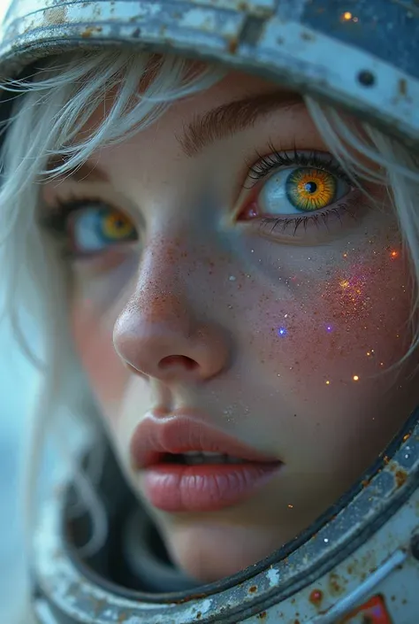 (Close-up of a masterpiece:1.5)0.9]，(Space and astronauts:1.2) (Messy silver hair:1.1) (Heterochromia yellow blue eyes:1.2) (Casque spatial:1.0) (Colorful stars in the eyes:1.0) (Dazzling light:1.1) (Thick lip:0.9)